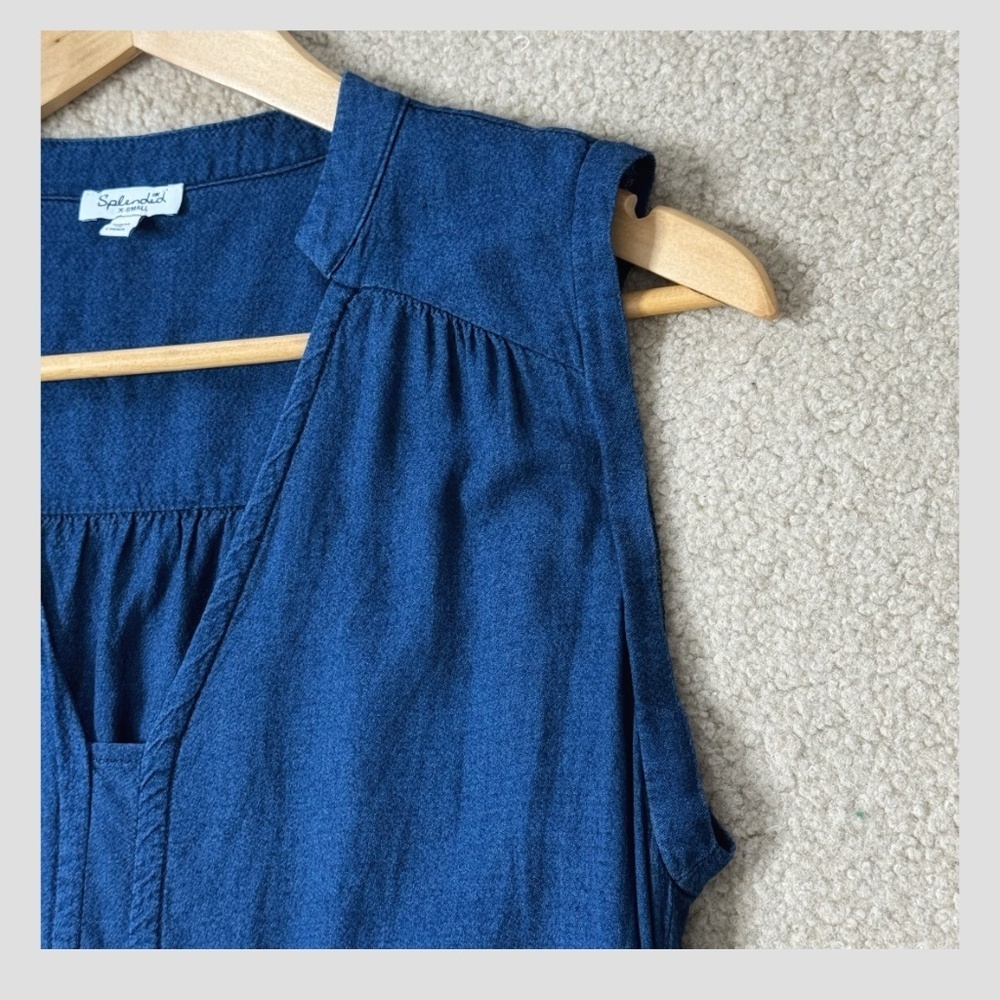 Splendid Willow Dress Tie Waist Dress Sleeveless Dark Washed Navy Blue V Neck - Picture 6 of 15